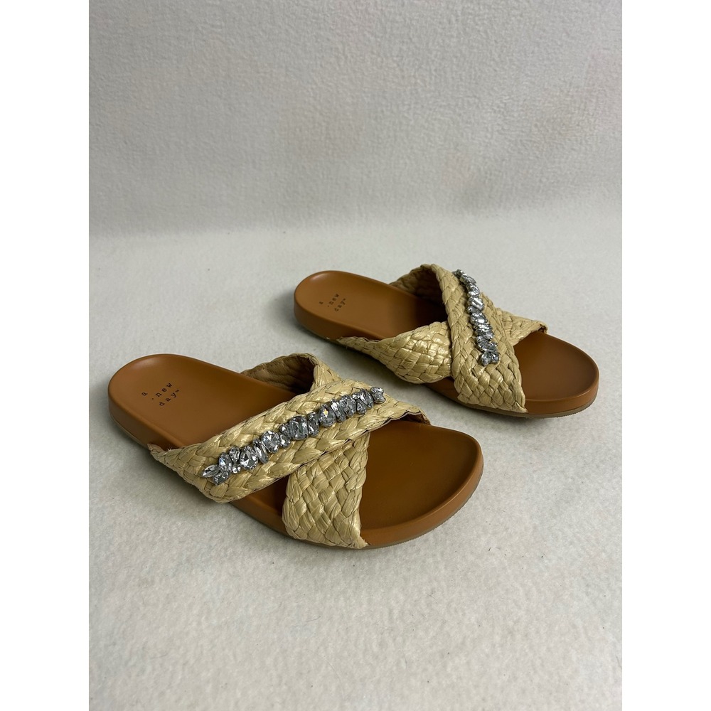 Boho Beachy A New Day Womens 8 Tan Woven Rhinestone Crisscross Slide Sandals